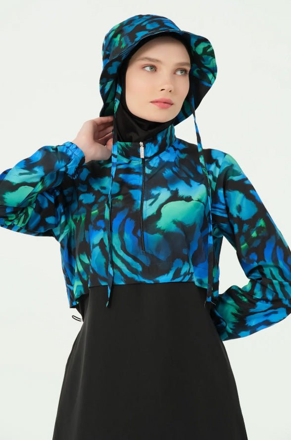 Alfasa Crop - Look Hooded Zippered Fully Covered Hijab Swimsuit 25343 - 25 Black - ihvan