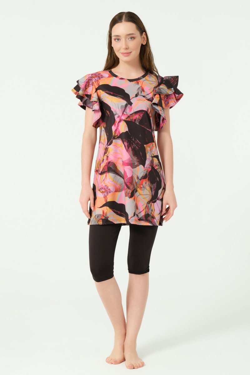 Alfasa Feyora Patterned Ruffle Detail Short Sleeve Semi - Closed Swimsuit Black - 25779 - 25 - ihvan