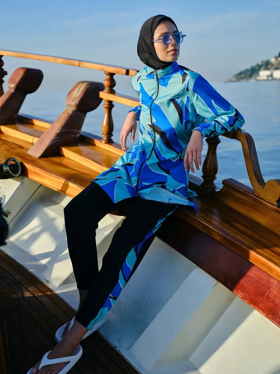 Alfasa Fiji Patterned Zippered Full Coverage Hijab Swimsuit 24200-26 Blue - ihvan