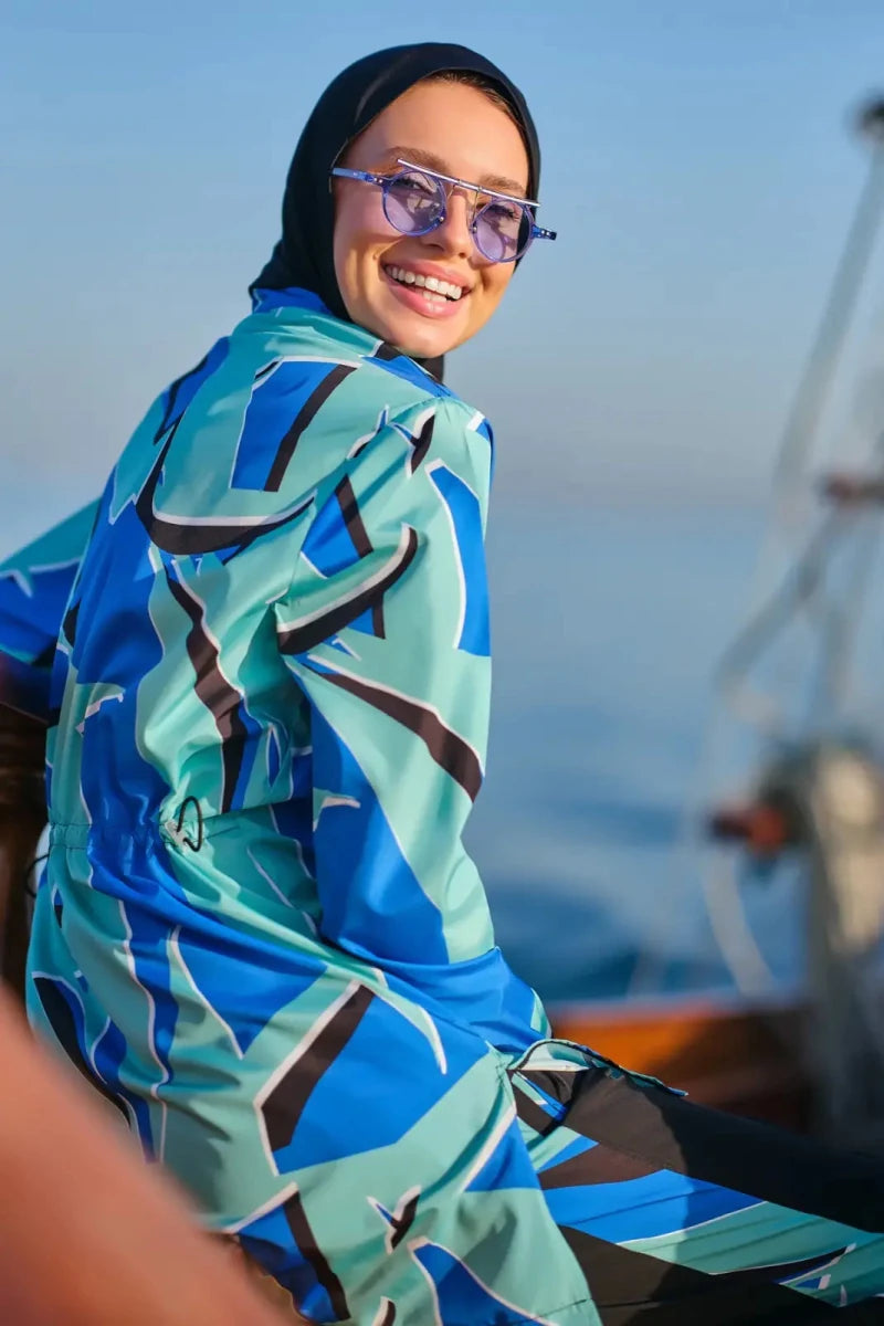 Alfasa Fiji Patterned Zippered Full Coverage Hijab Swimsuit 24200-26 Blue - ihvan