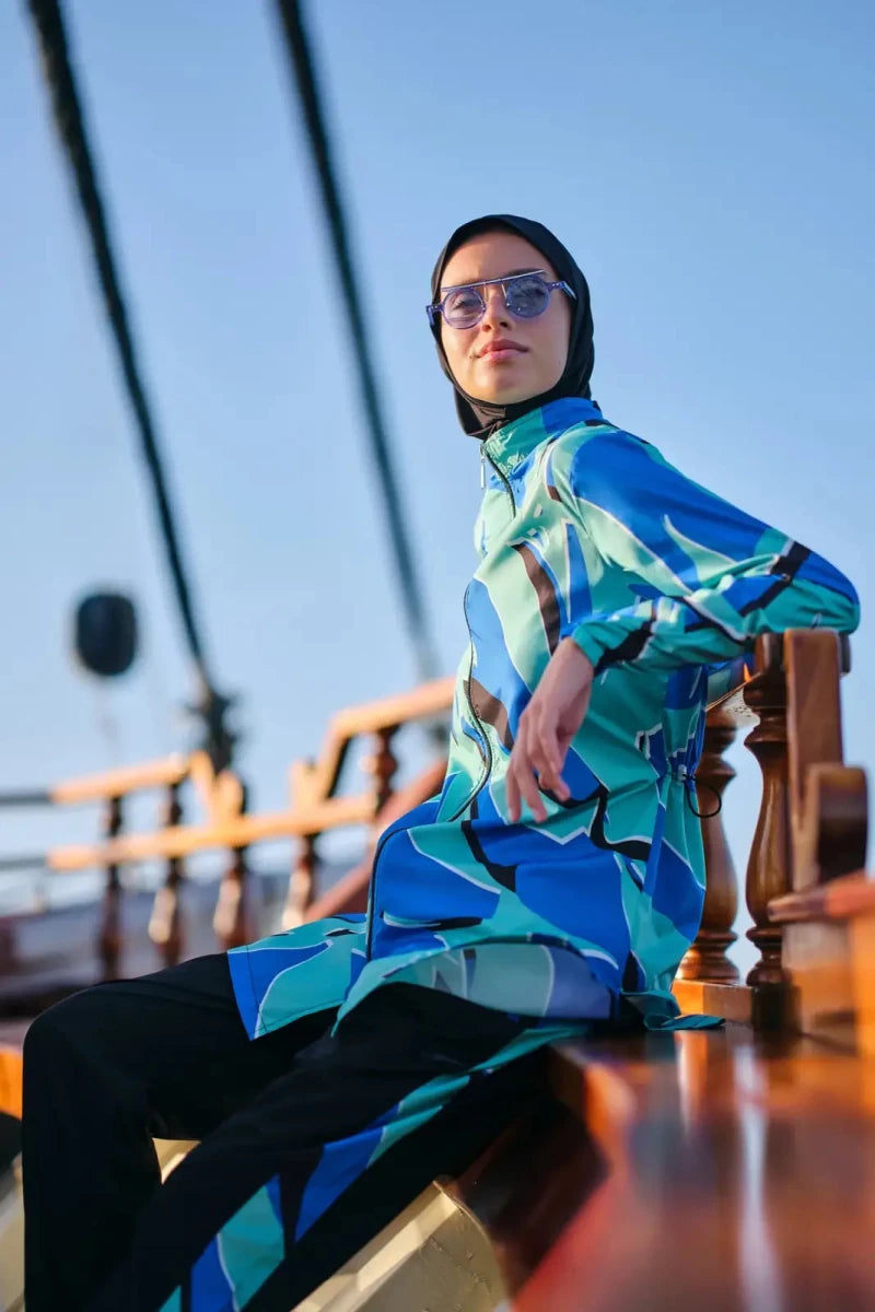 Alfasa Fiji Patterned Zippered Full Coverage Hijab Swimsuit 24200-26 Blue - ihvan