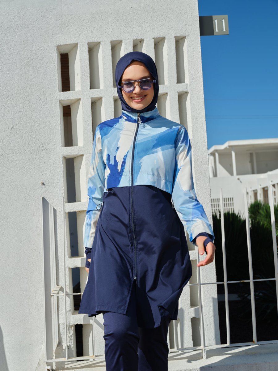 Alfasa Fingerless Crop Full Coverage Hijab Swimsuit 26353 - 26 Navy Blue - ihvan