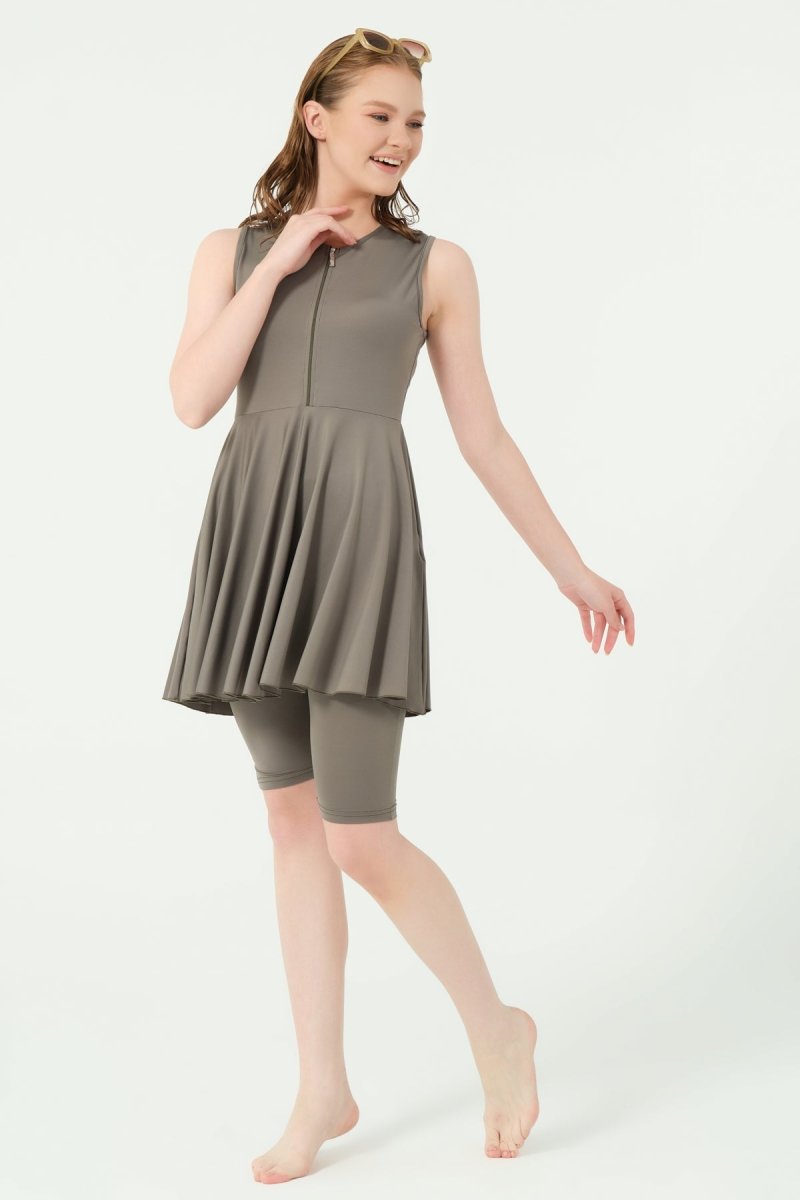 Alfasa Flared Skirt Sleeveless Semi - Closed Swimsuit with Zipper 25830 - 26 Black - ihvan