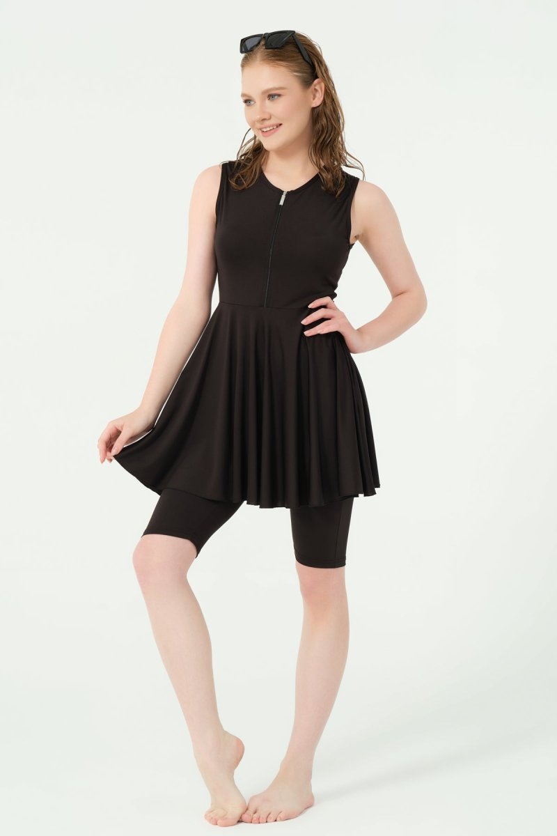 Alfasa Flared Skirt Sleeveless Semi - Closed Swimsuit with Zipper 25830 - 26 Black - ihvan