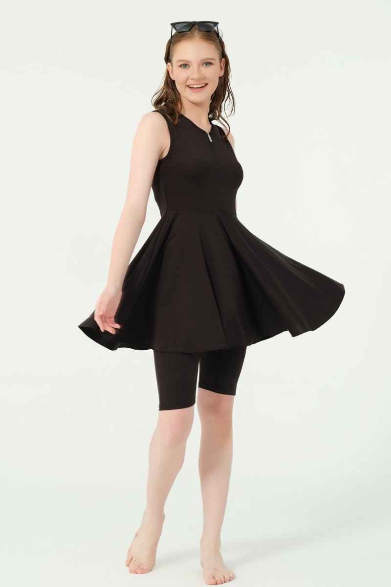 Alfasa Flared Skirt Sleeveless Semi - Closed Swimsuit with Zipper 25830 - 26 Black - ihvan