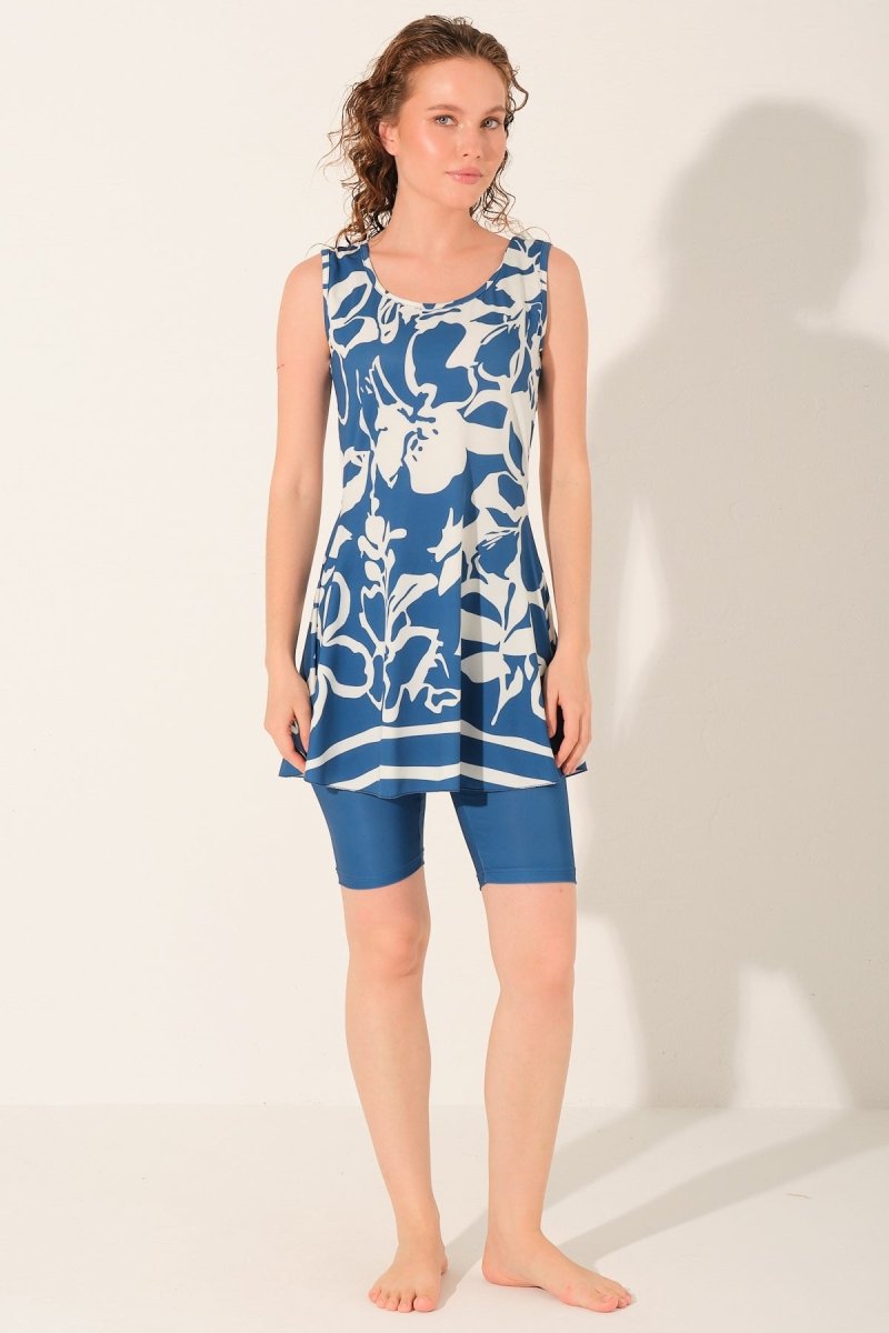 Alfasa Floral Patterned Sleeveless Semi - Closed Hijab Swimsuit Blue 26924 - 26 - ihvan