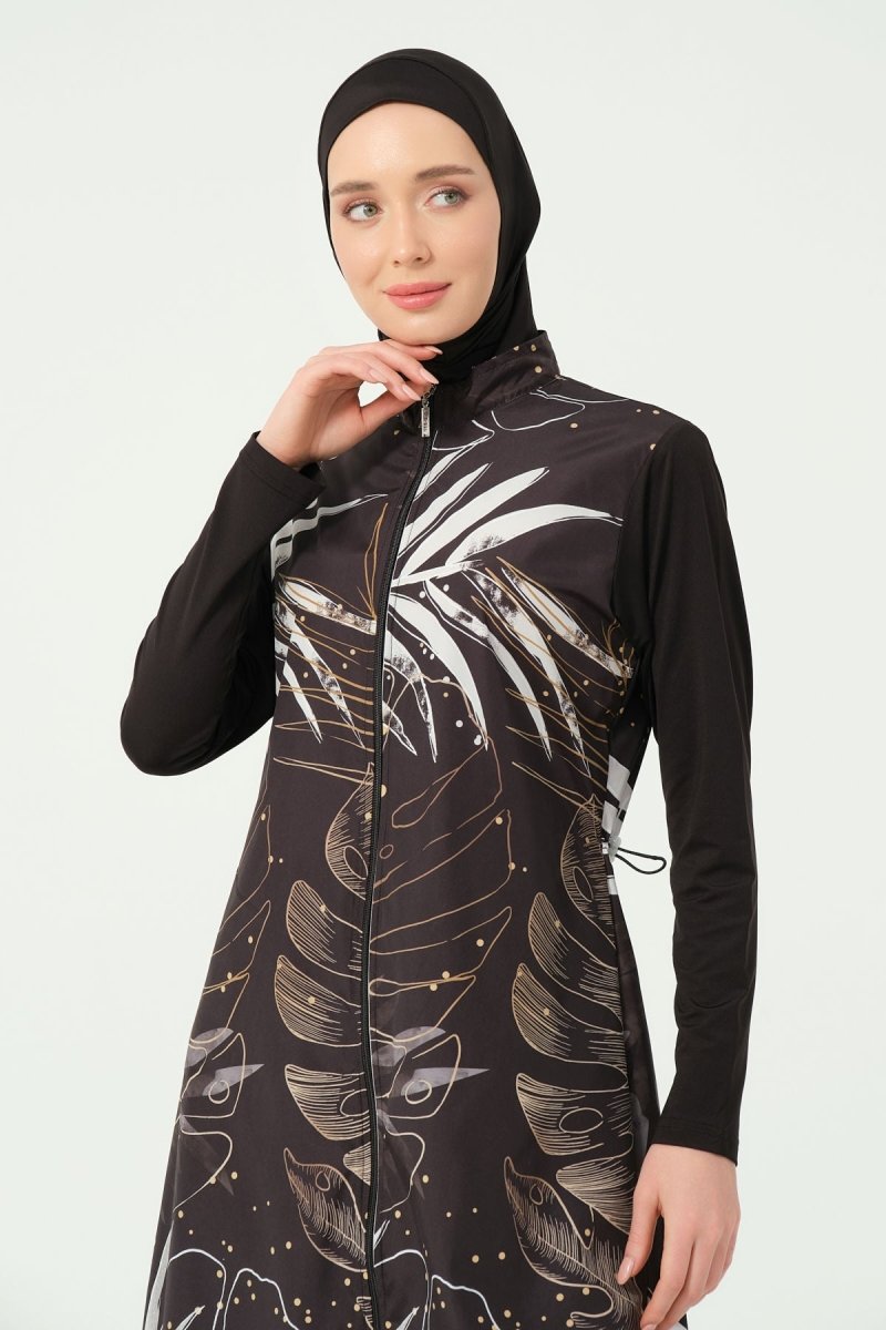 Alfasa Gold Leaf Pattern Full Coverage Hijab Swimsuit 25535 - 25 - Black - ihvan