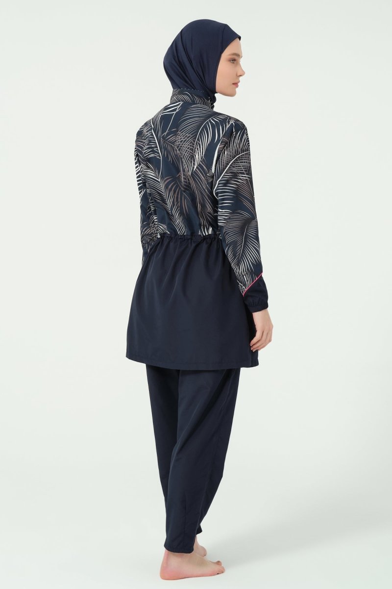 Alfasa Hair Trimmed Patterned Zippered Long - Sleeved Fully Covered Hijab Swimsuit 25267 - 26 Navy Blue - ihvan