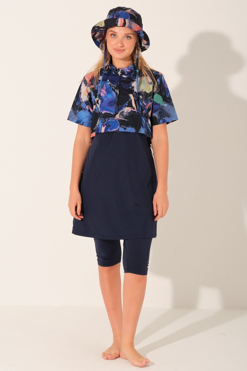 Alfasa Hooded Crop Style Half Sleeve Semi - Closed Modest Swimsuit with Leggings 26711 - 26 Navy Blue - ihvan