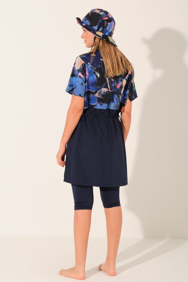 Alfasa Hooded Crop Style Half Sleeve Semi - Closed Modest Swimsuit with Leggings 26711 - 26 Navy Blue - ihvan