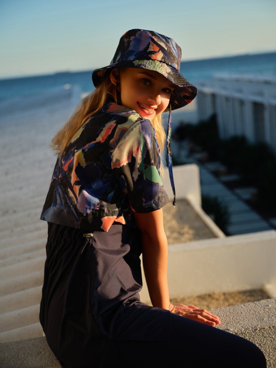 Alfasa Hooded Crop Style Half Sleeve Semi - Closed Modest Swimsuit with Leggings 26711 - 26 Navy Blue - ihvan