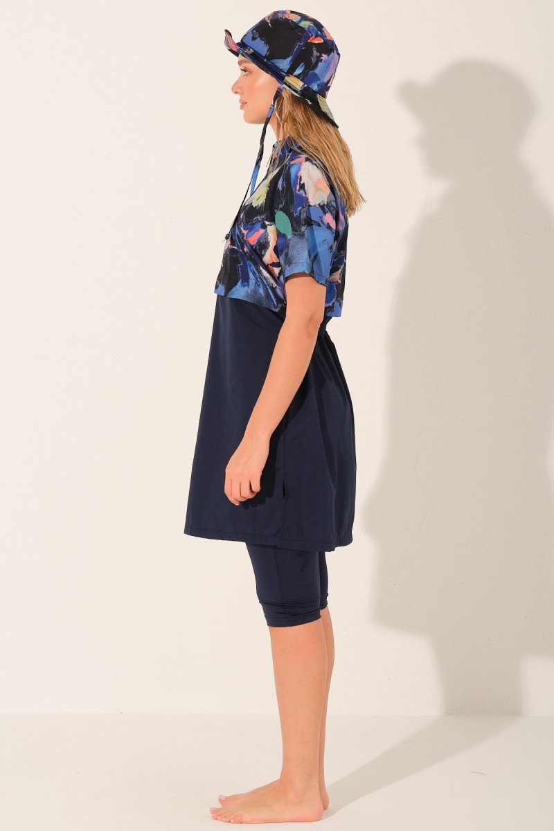 Alfasa Hooded Crop Style Half Sleeve Semi - Closed Modest Swimsuit with Leggings 26711 - 26 Navy Blue - ihvan