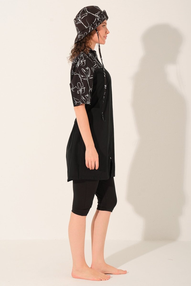 Alfasa Hooded, Front Zipper, Short Sleeve, Semi - Closed Modest Swimsuit 26714 - 26 Black - ihvan