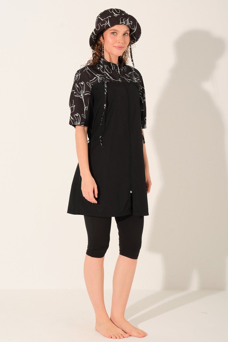 Alfasa Hooded, Front Zipper, Short Sleeve, Semi - Closed Modest Swimsuit 26714 - 26 Black - ihvan