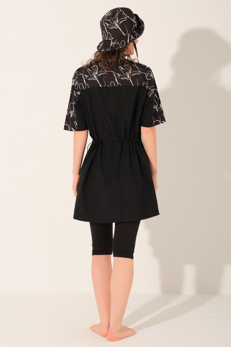 Alfasa Hooded, Front Zipper, Short Sleeve, Semi - Closed Modest Swimsuit 26714 - 26 Black - ihvan
