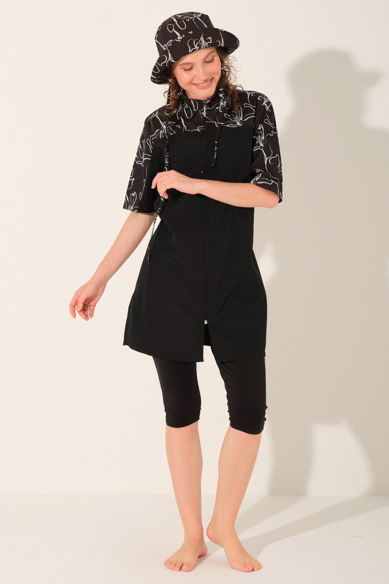Alfasa Hooded, Front Zipper, Short Sleeve, Semi - Closed Modest Swimsuit 26714 - 26 Black - ihvan