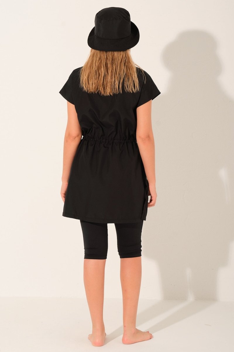 Alfasa Hooded Short Sleeve Semi - Closed Modest Swimsuit with Leggings 26709 - 26 Black - ihvan