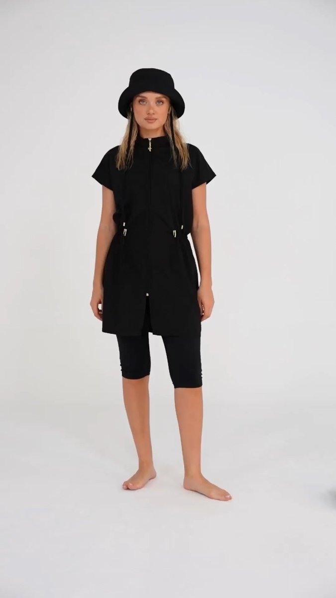 Alfasa Hooded Short Sleeve Semi - Closed Modest Swimsuit with Leggings 26709 - 26 Black - ihvan