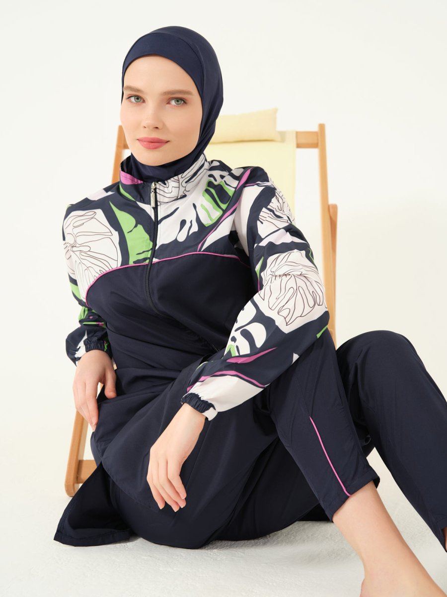 Alfasa Lian Full Coverage Hijab Swimsuit with Hair Trim Detail 25289 - 26 - Navy Blue - ihvan