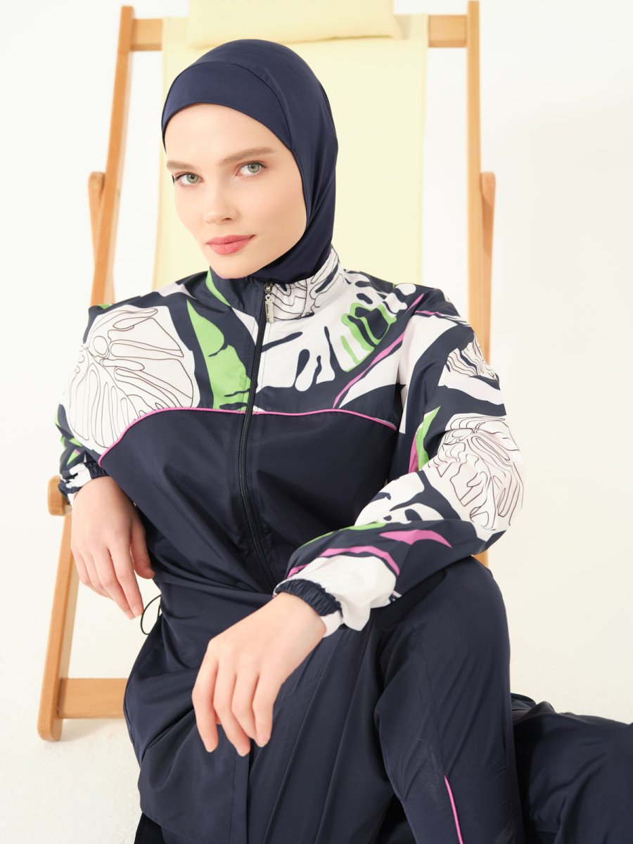 Alfasa Lian Full Coverage Hijab Swimsuit with Hair Trim Detail 25289 - 26 - Navy Blue - ihvan