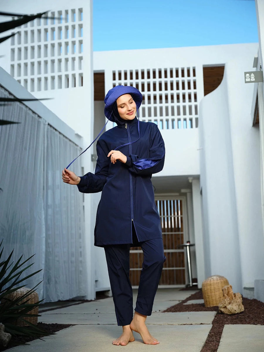 Alfasa Marla Hooded Modest Swimsuit 26219-26 - Navy Blue - ihvan
