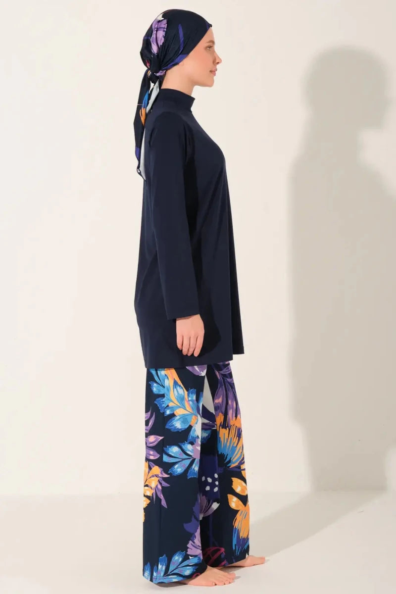 Alfasa Modest Swimsuit with Chrysanthemum Pattern, Long Sleeves and Pants, 24613-26 Navy Blue - ihvan