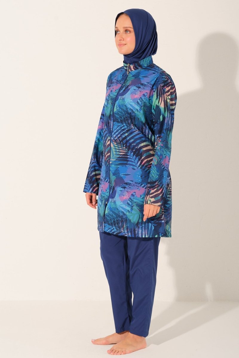 Alfasa Palmera Patterned Full Coverage Hijab Swimsuit 26264 - 26 Indigo - ihvan