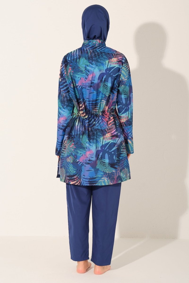 Alfasa Palmera Patterned Full Coverage Hijab Swimsuit 26264 - 26 Indigo - ihvan