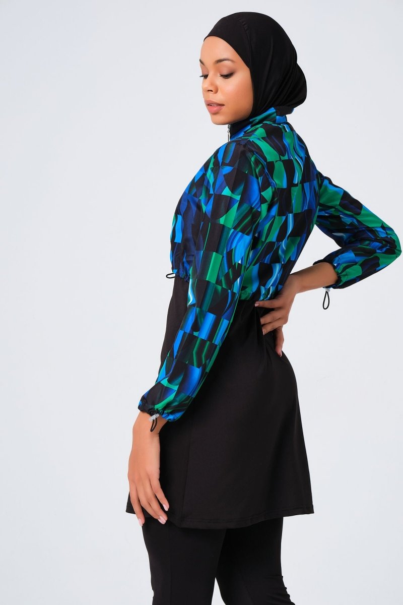 Alfasa Patterned Crop Full Coverage Hijab Swimsuit 23260 - 23 Blue - ihvan