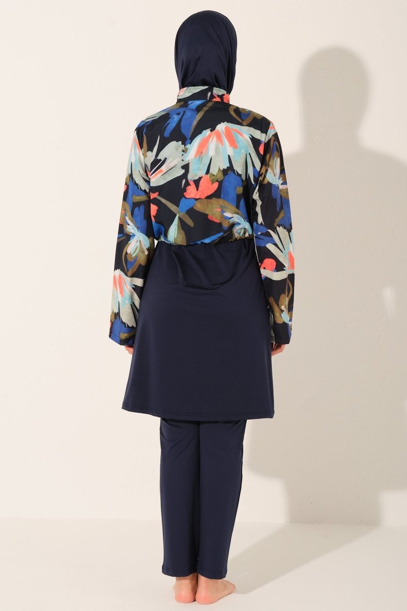 Alfasa Patterned Crop - Look Full Coverage Hijab Swimsuit 26252 - 26 Navy Blue - ihvan