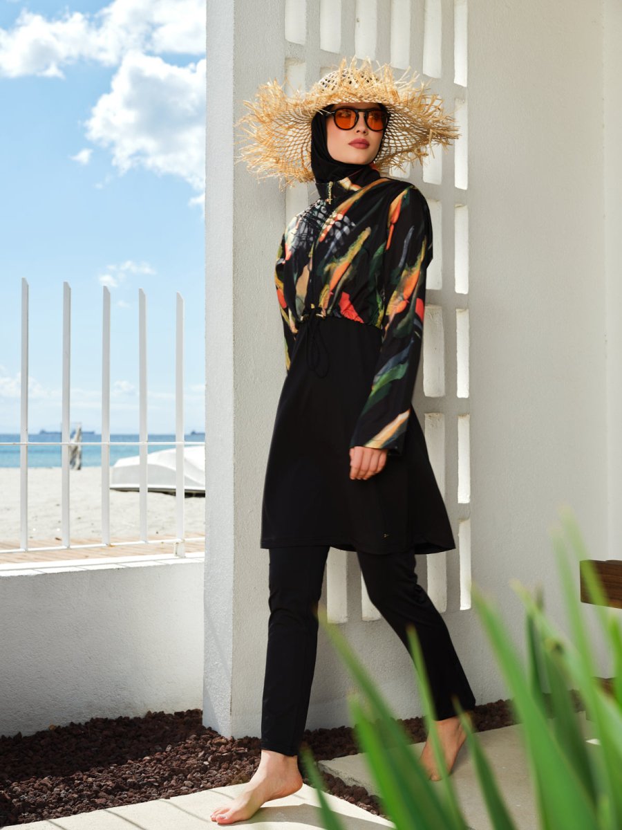 Alfasa Patterned Crop - Look Full Coverage Hijab Swimsuit 26254 - 26 Black - ihvan
