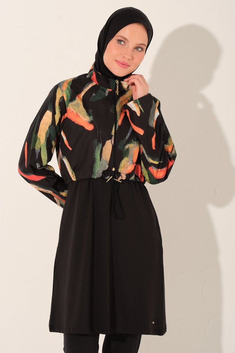 Alfasa Patterned Crop - Look Full Coverage Hijab Swimsuit 26254 - 26 Black - ihvan