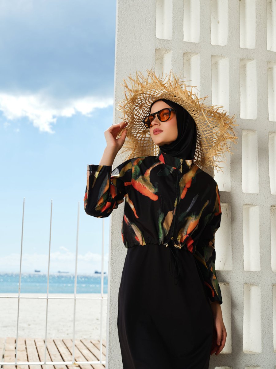 Alfasa Patterned Crop - Look Full Coverage Hijab Swimsuit 26254 - 26 Black - ihvan