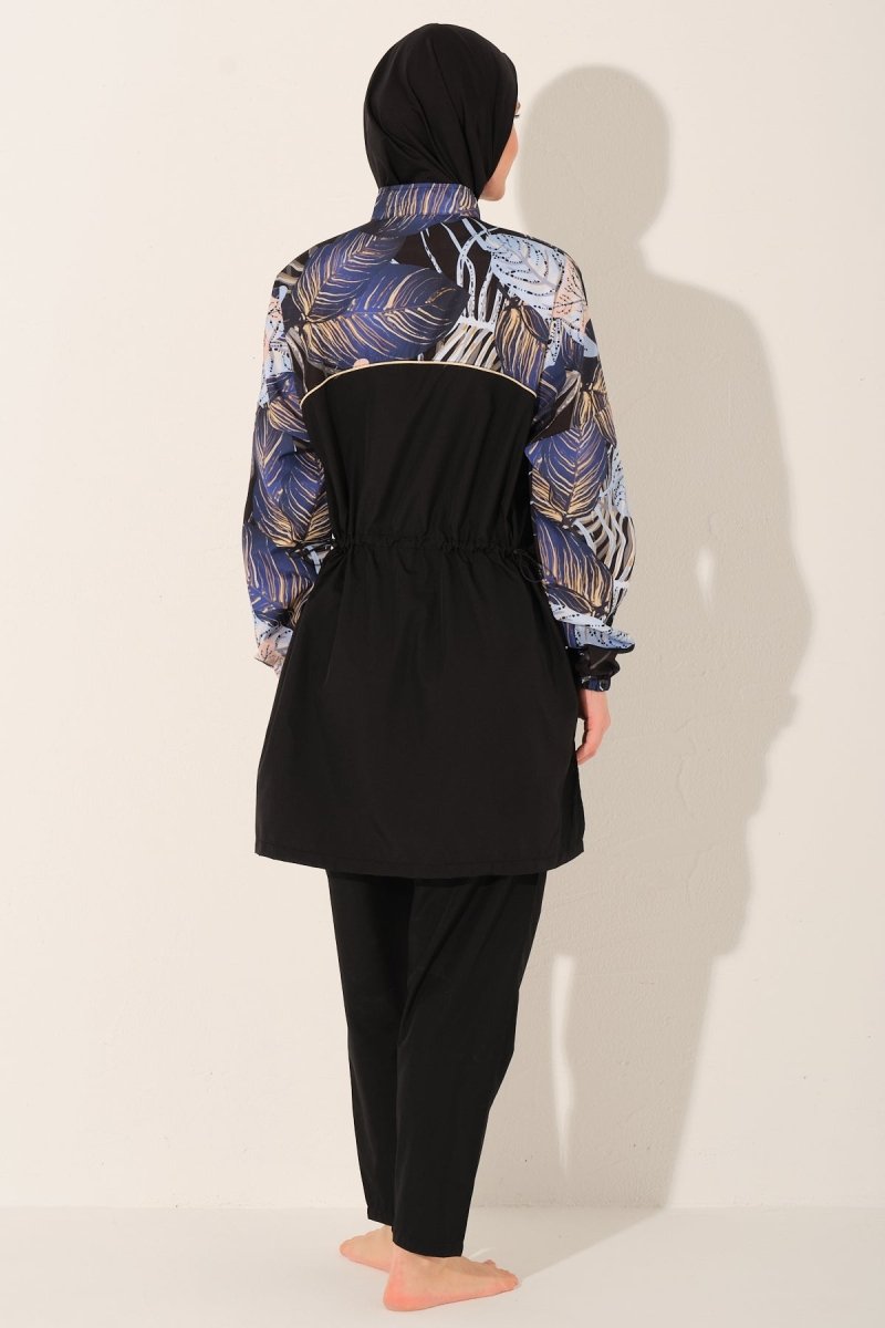 Alfasa Patterned Full Coverage Hijab Swimsuit with Hair Trim Detail 26256 - 26 Black - ihvan
