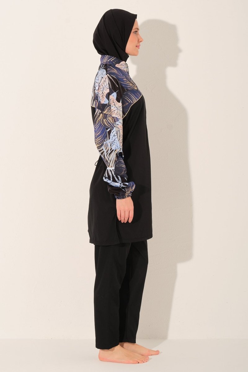 Alfasa Patterned Full Coverage Hijab Swimsuit with Hair Trim Detail 26256 - 26 Black - ihvan