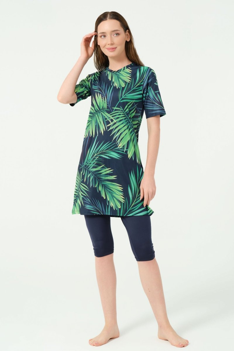 Alfasa Patterned Semi - Closed Hijab Swimsuit 24712 - 25 Navy Blue - ihvan