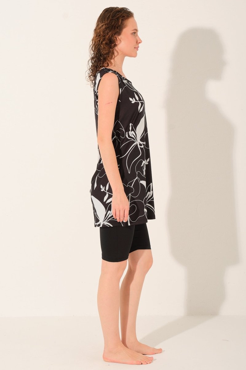 Alfasa Patterned Sleeveless Semi - Closed Swimsuit Black 26809 - 26 - ihvan