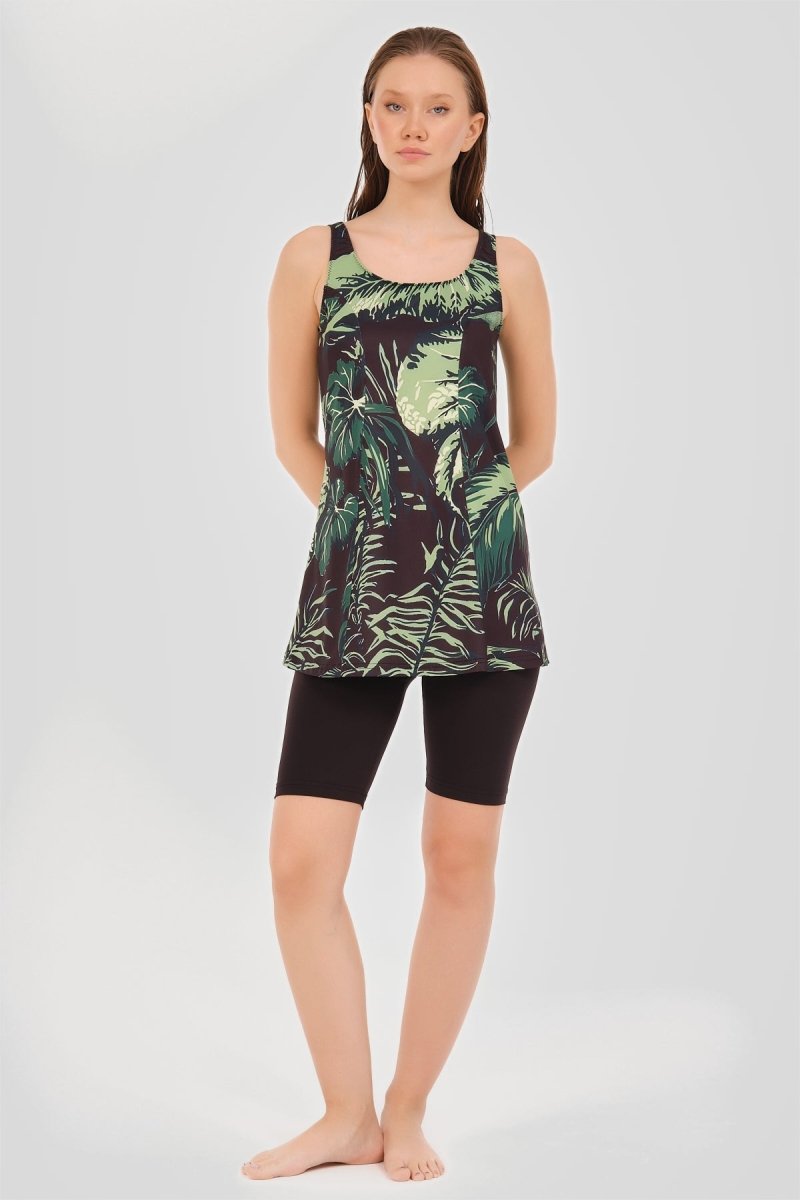 Alfasa Patterned Strappy Semi - Closed Swimsuit 24902 Green - ihvan