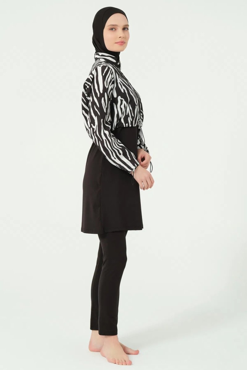 Alfasa Patterned Zip - Up Crop Full Coverage Hijab Swimsuit 25296 - 25 Black - ihvan