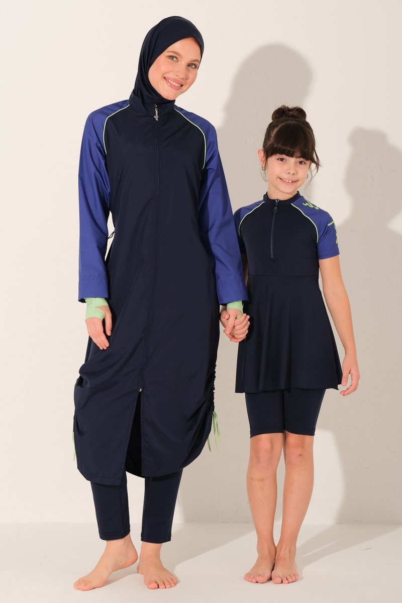 Alfasa Printed Trimmed Short Sleeve Kids Swimsuit with Zipper 26130 - 26 Navy Blue - ihvan