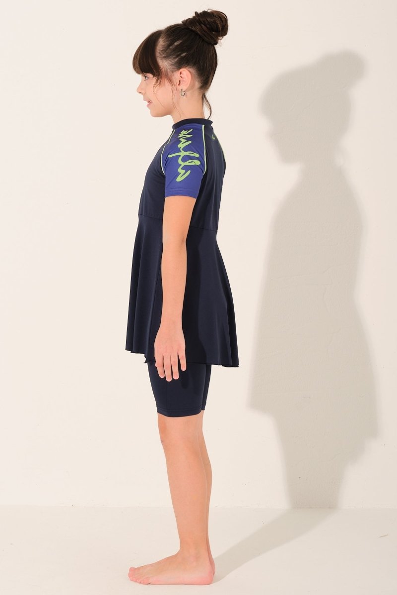 Alfasa Printed Trimmed Short Sleeve Kids Swimsuit with Zipper 26130 - 26 Navy Blue - ihvan