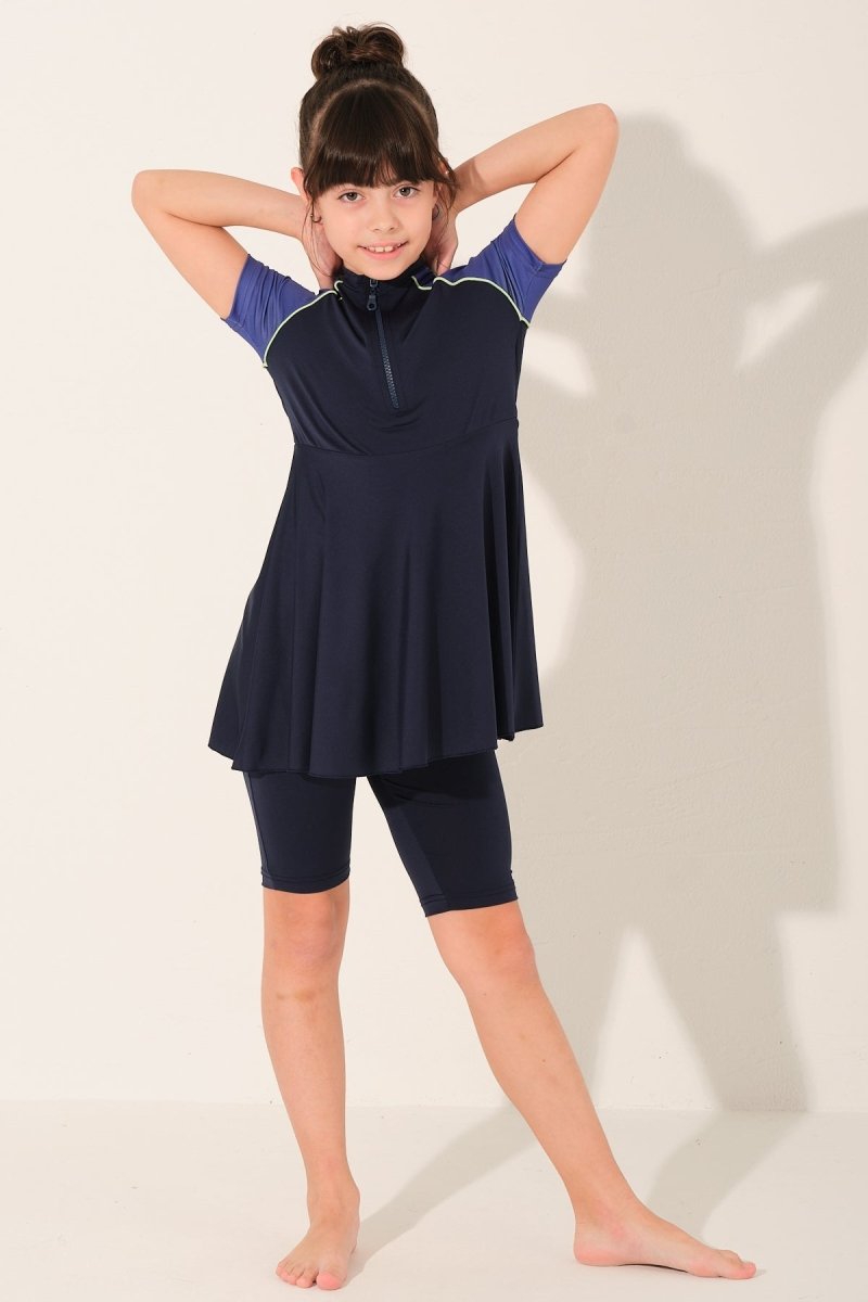 Alfasa Printed Trimmed Short Sleeve Kids Swimsuit with Zipper 26130 - 26 Navy Blue - ihvan