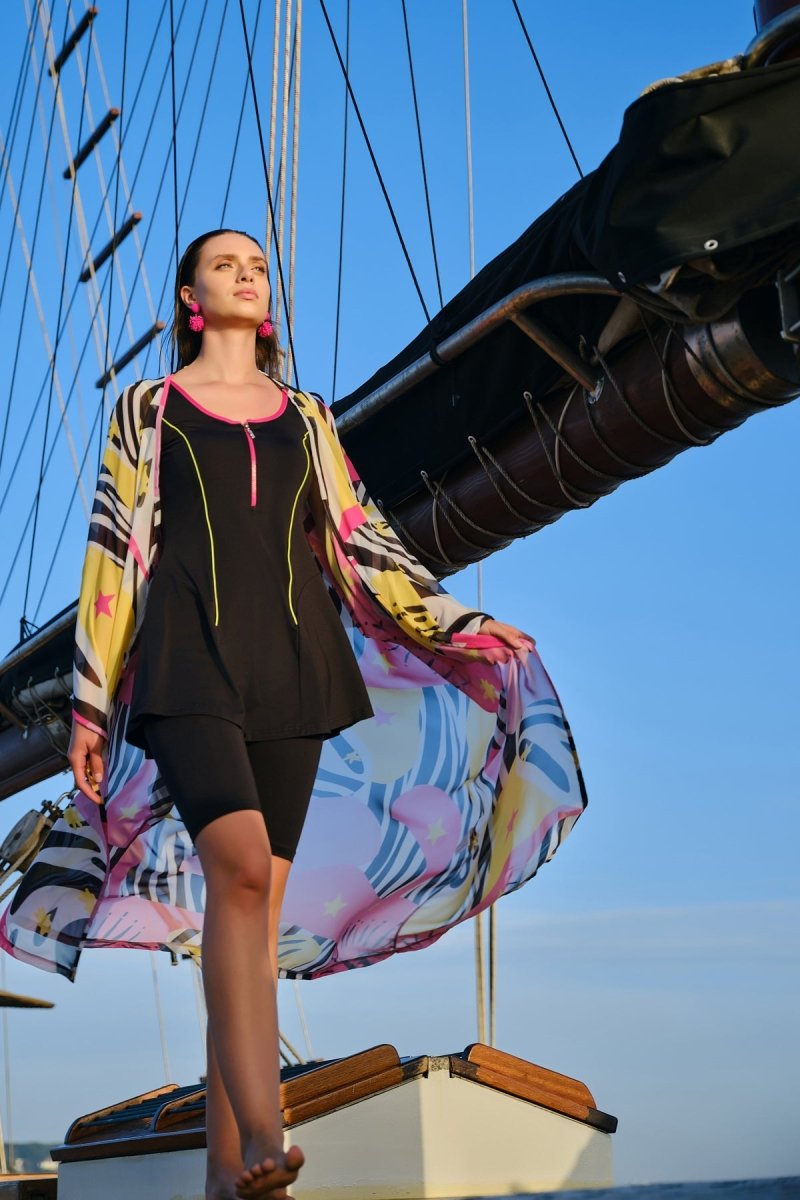 Alfasa Quick - Drying, Colorful Trimmed, Strappy, Semi - Closed Swimsuit, Black - 24904 - 25 - ihvan