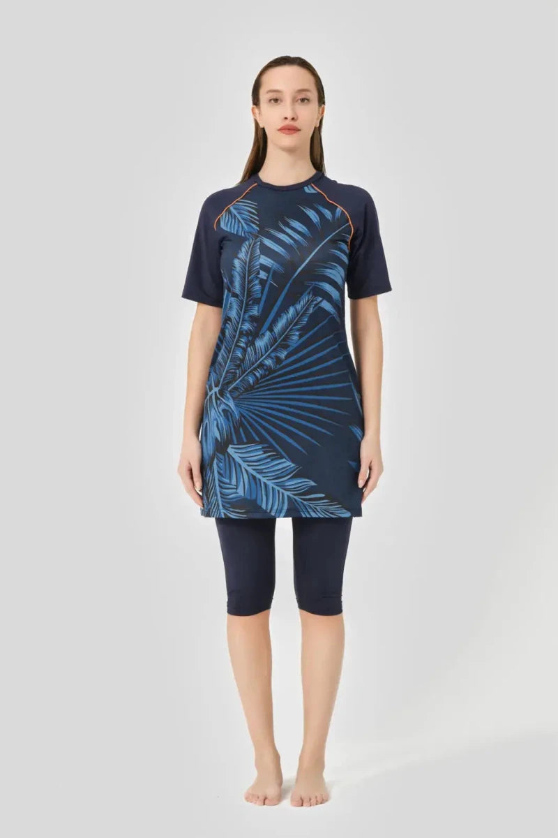Alfasa Quick-Drying Patterned Raglan Short-Sleeve Semi-Closed Hijab Swimsuit 24708-25 Navy Blue - ihvan