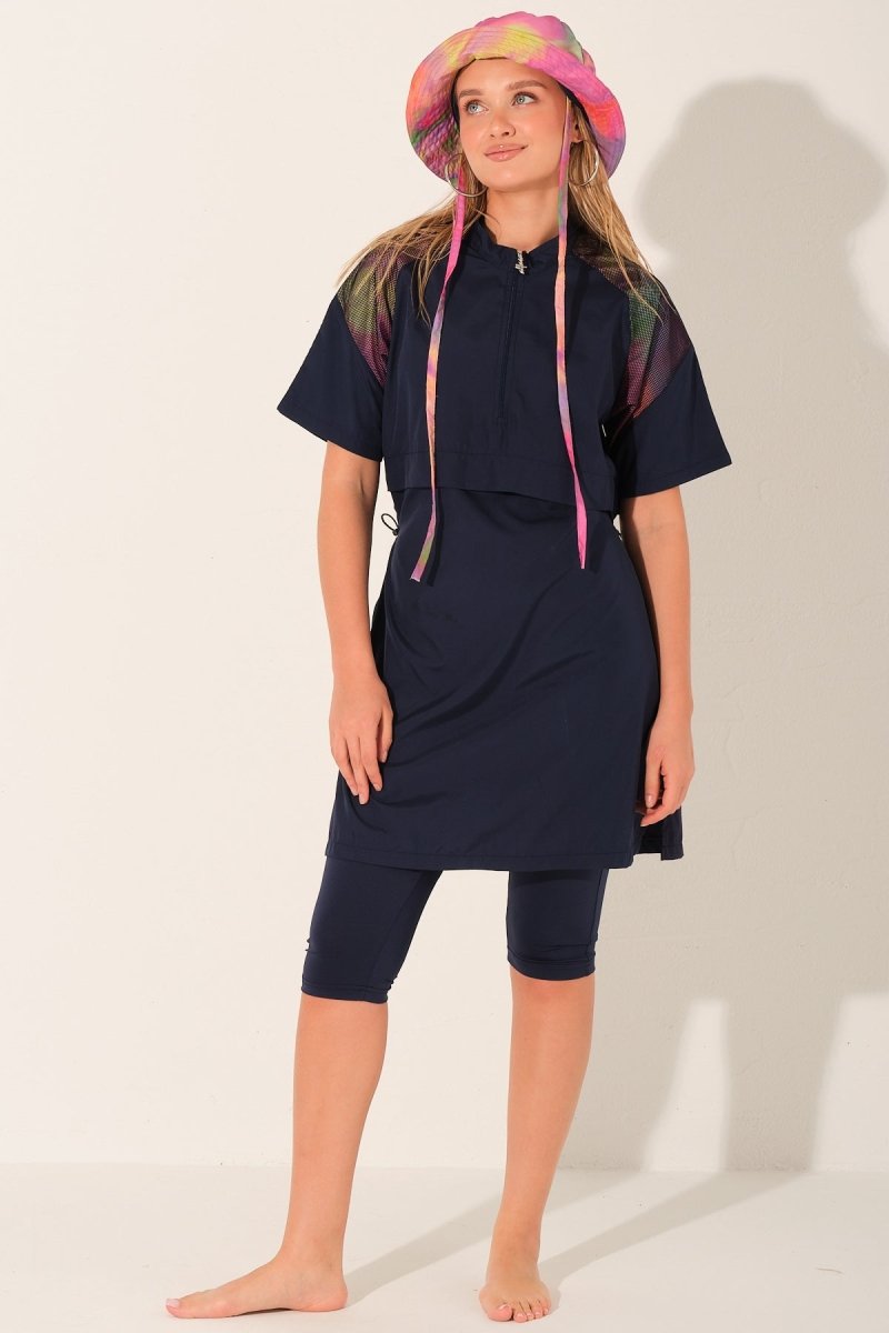 Alfasa Raglan Sleeve Detail Hooded Half - Sleeve Semi - Closed Swimsuit Navy Blue 26725 - 26 - ihvan