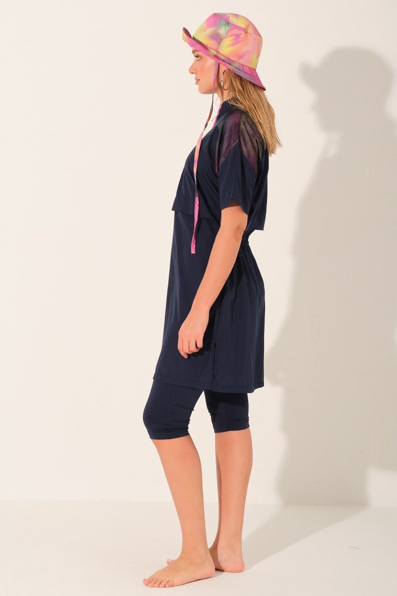 Alfasa Raglan Sleeve Detail Hooded Half - Sleeve Semi - Closed Swimsuit Navy Blue 26725 - 26 - ihvan
