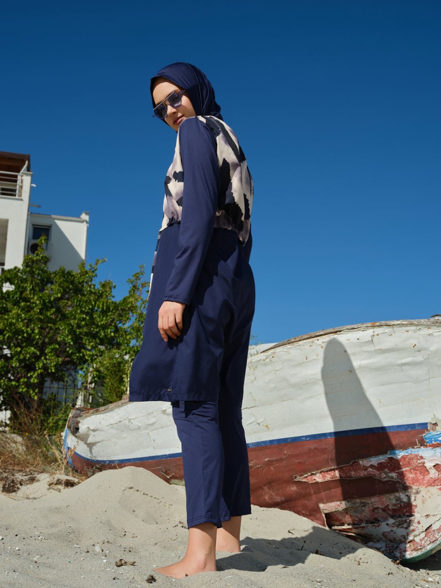 Alfasa Rivella Crop - Look Full Coverage Hijab Swimsuit 26405 - 26 Navy Blue - ihvan