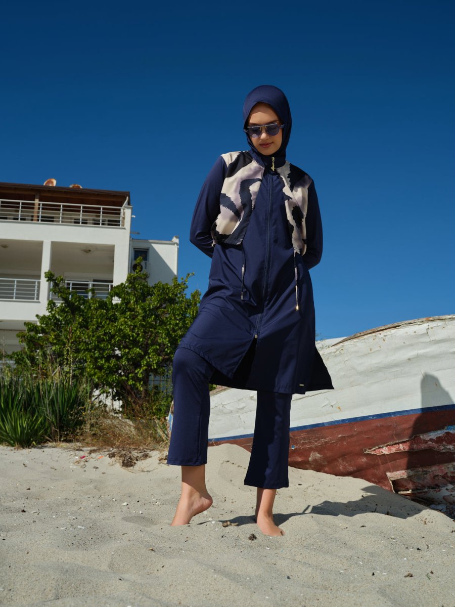 Alfasa Rivella Crop - Look Full Coverage Hijab Swimsuit 26405 - 26 Navy Blue - ihvan