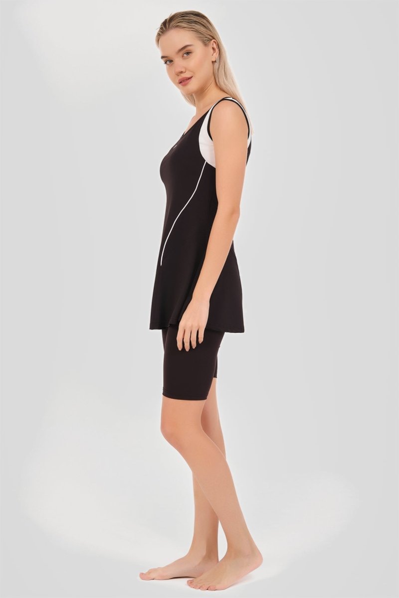 Alfasa Semi - Closed Swimsuit Tennis Strappy Shorts with White Stripe Detail Black 24903 - 26 - ihvan