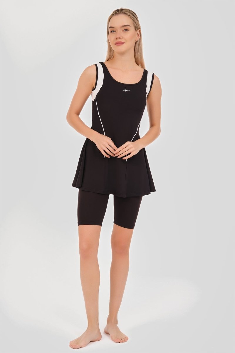 Alfasa Semi - Closed Swimsuit Tennis Strappy Shorts with White Stripe Detail Black 24903 - 26 - ihvan